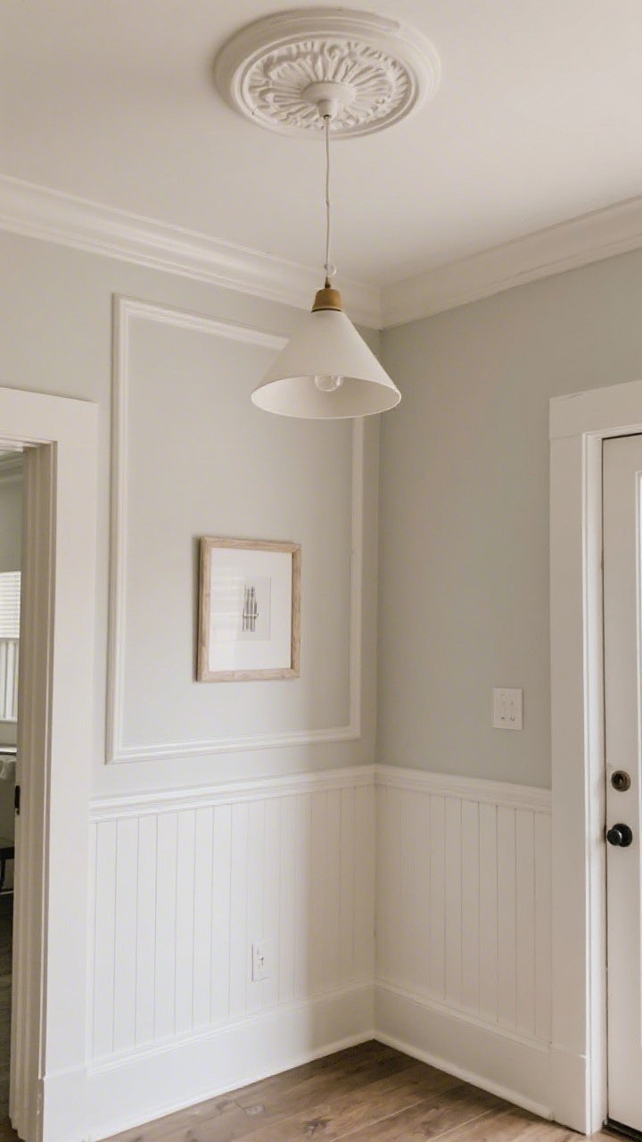 Straight-on medium shot of added architectural charm: picture-frame molding applied to a wall, painted the same satin color as the wall for a seamless look; adjacent section with renter-friendly board-and-batten strips; a lightweight ceiling medallion framing a simple pendant; peel-and-stick shiplap on a small entry wall; cohesive single-color paint scheme, soft side lighting