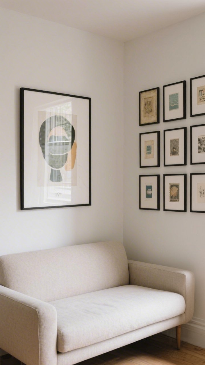 Straight-on medium shot of art scaled to a small room: one large statement artwork centered over a slim sofa, hung at eye level (57 inches to center) for a polished look; on a side wall, a tidy grid gallery with matching thin black frames and equal spacing creates a calm rhythm; a few thrifted frames hold digital download prints; neutral backdrop, controlled composition, soft natural light; no people.