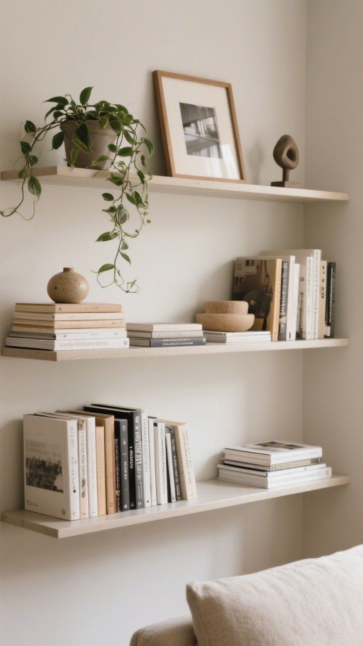 Straight-on medium shot of styled living room shelves: sections composed using the rule of thirds; books stacked vertically and horizontally with a small ceramic object atop a stack; varied heights, a trailing plant on an upper shelf, framed photo, and a small sculpture; intentional negative space between groupings; neutral backdrop, soft daylight; photorealistic detail and balance
