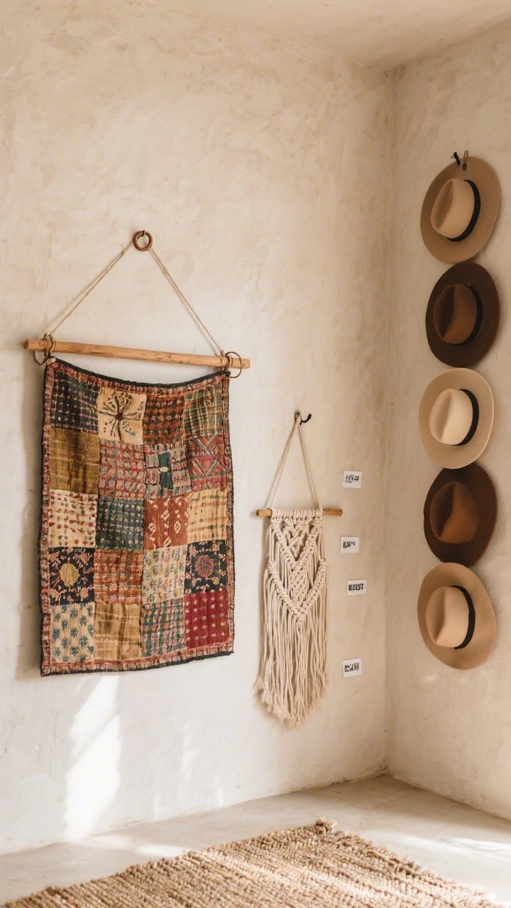 Straight-on medium wall shot: a large vintage textile (kantha quilt) hung as art using a wood dowel and clip rings; beside it, a lightweight woven rug panel affixed with Command strips; a macrame hanging suspended from stick-and-peel hooks; add a small arrangement of wide-brim hats forming a functional hat wall; neutral plaster wall, warm natural light.