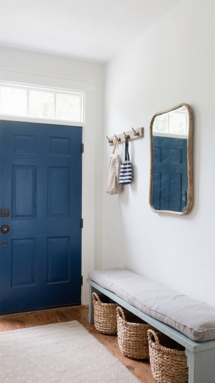 Straight-on small entryway scene: a narrow bench (about 14 inches deep) with woven baskets beneath, a shaker peg rail across the wall holding a few items, and an oversized mirror reflecting light; the front door painted a saturated ink blue; bench topped with a washable cushion; bright, tidy, highly functional.