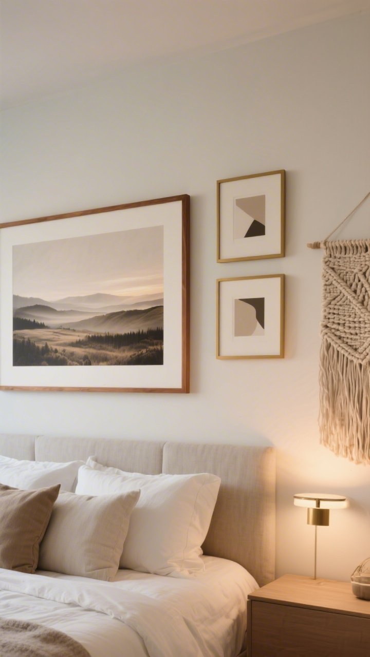 Straight-on wall composition above the bed: Soft, warm art curation—one large landscape in muted neutrals with a generous mat and a warm wood frame; adjacent wall features a trio of smaller abstract neutral prints with brass frames; a tactile woven wall hanging nearby; ample negative space around each piece; early evening lamplight with a picture light adding a gentle highlight, photorealistic.