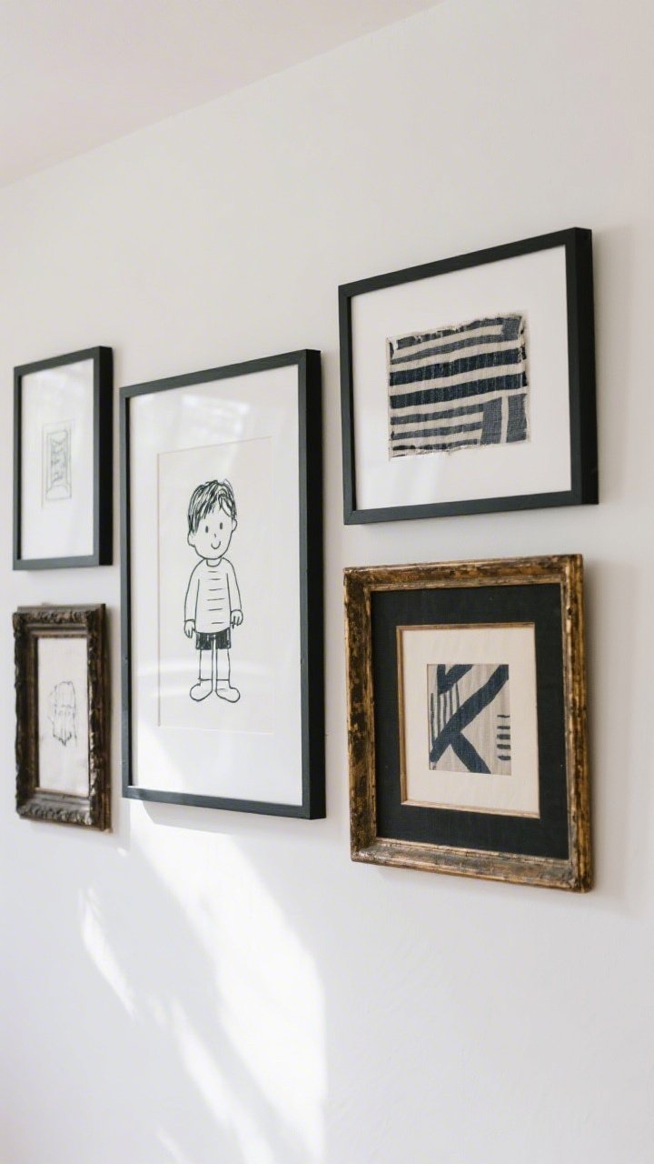 Straight-on wall detail: A gallery arrangement using standard-size frames with crisp white mats—one oversized centerpiece, a child’s black-and-white doodle elevated by matting, and a large framed fabric remnant reading as modern art. Mix of thrifted frames in black and aged brass with new custom-cut mats. Hung at 57–60 inches to center, bright but soft daylight for clarity.