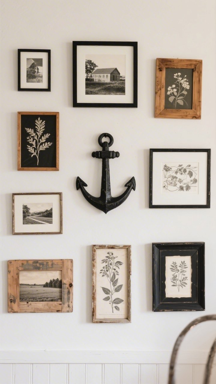 Straight-on wall shot of a curated farmhouse gallery: mixed black-and-white photos, botanical prints, and small vintage landscapes in mismatched thrifted frames all sprayed matte black and warm wood; one larger anchor piece centered; cohesive two-finish rule evident; printed Etsy art in simple mats; balanced spacing.