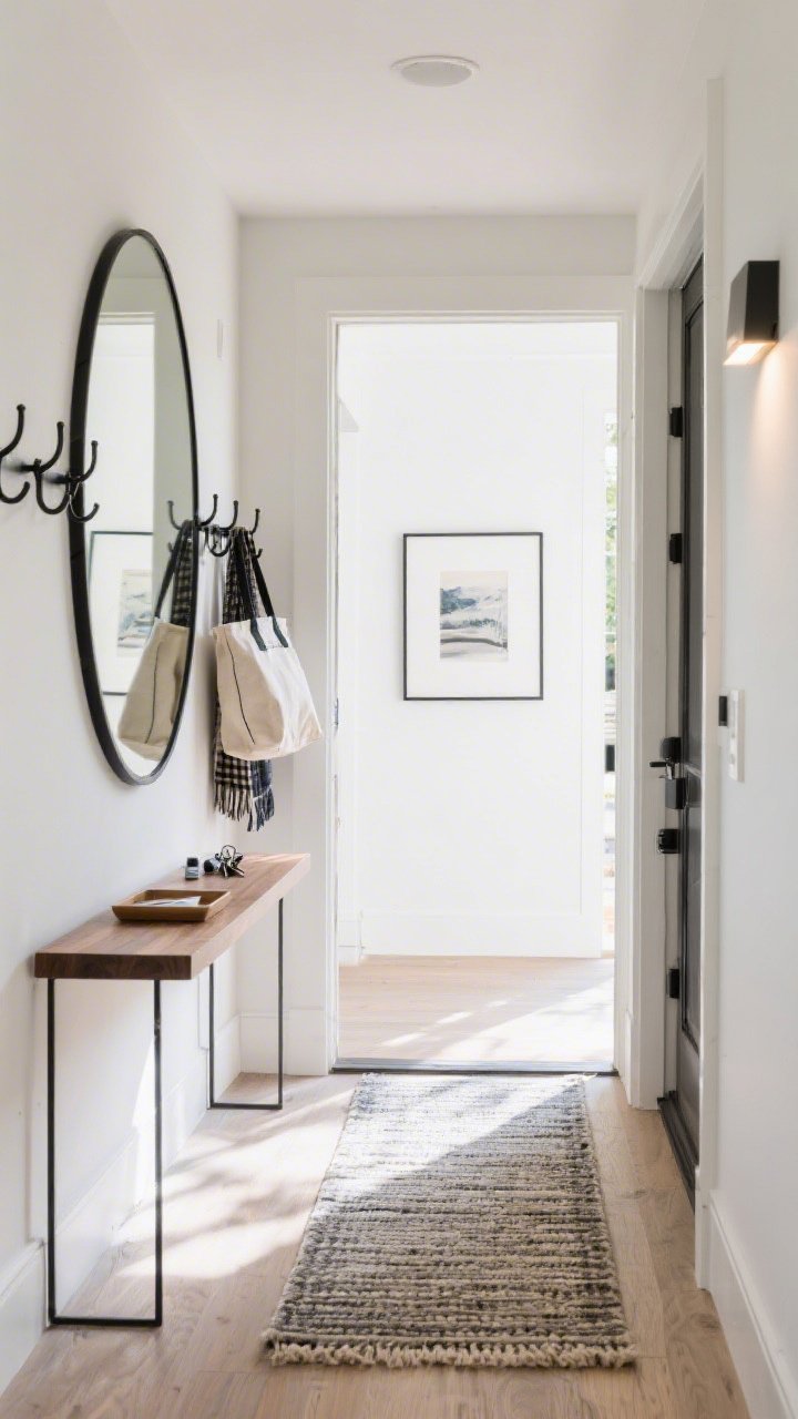 Straight-on wide shot: A high-impact entry with a large arched mirror at least half the width of a slim wood console; modern black metal hooks mounted at 68 inches holding a tote and scarf; a narrow runner rug softening the hall; a small tray for keys and mail; an LED battery picture light over a framed print; bright, welcoming daylight.