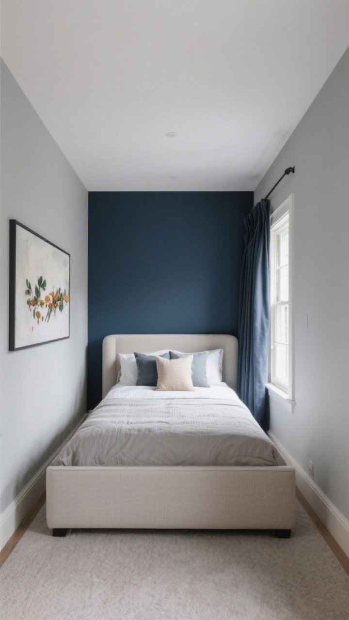 Straight-on wide shot: Color tricks in action—a small bedroom with light, airy walls in misty gray, one moody navy accent wall behind the bed for depth, curtains matched to the wall color to visually expand height and width, big furniture in neutral tones; ceiling painted one shade lighter than the walls for lift; subtle throw pillows and art adding seasonal color; balanced contrast, soft daylight, photorealistic.