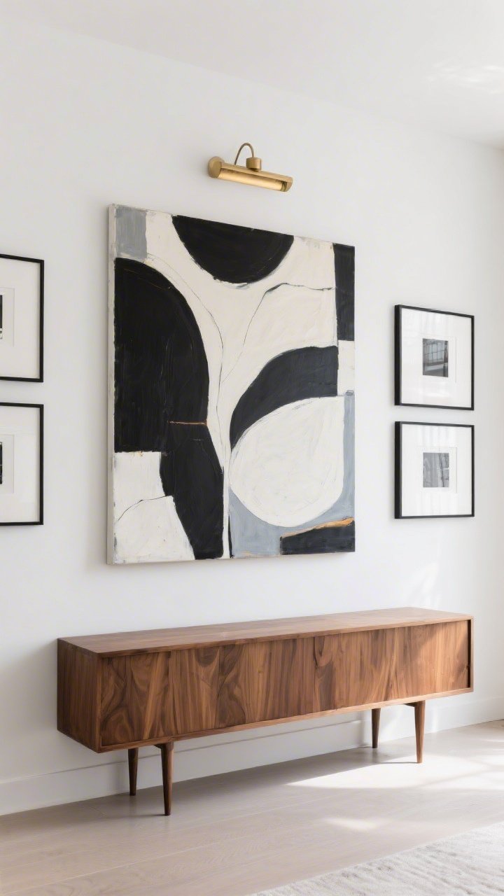 Straight-on wide shot of a feature wall with big art impact: one oversized abstract canvas in black, white, and soft gray above a low oak console, flanked by thin black frames in a minimalist grid on an adjacent wall; brushed brass picture light above the large piece, clutter-free surfaces, daylight washing evenly for gallery-like clarity.