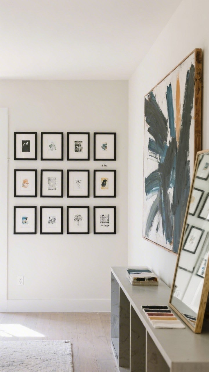 Straight-on wide shot of an artful wall: a precise grid gallery of identical black frames with printable art arranged in perfect alignment, the center line hung at 58 inches from the floor; to the side, an oversized DIY abstract canvas painted with broad strokes using sample house paint; a large mirror leaning on a console adds layered depth; clean, cohesive theme, neutral wall color, balanced daylight
