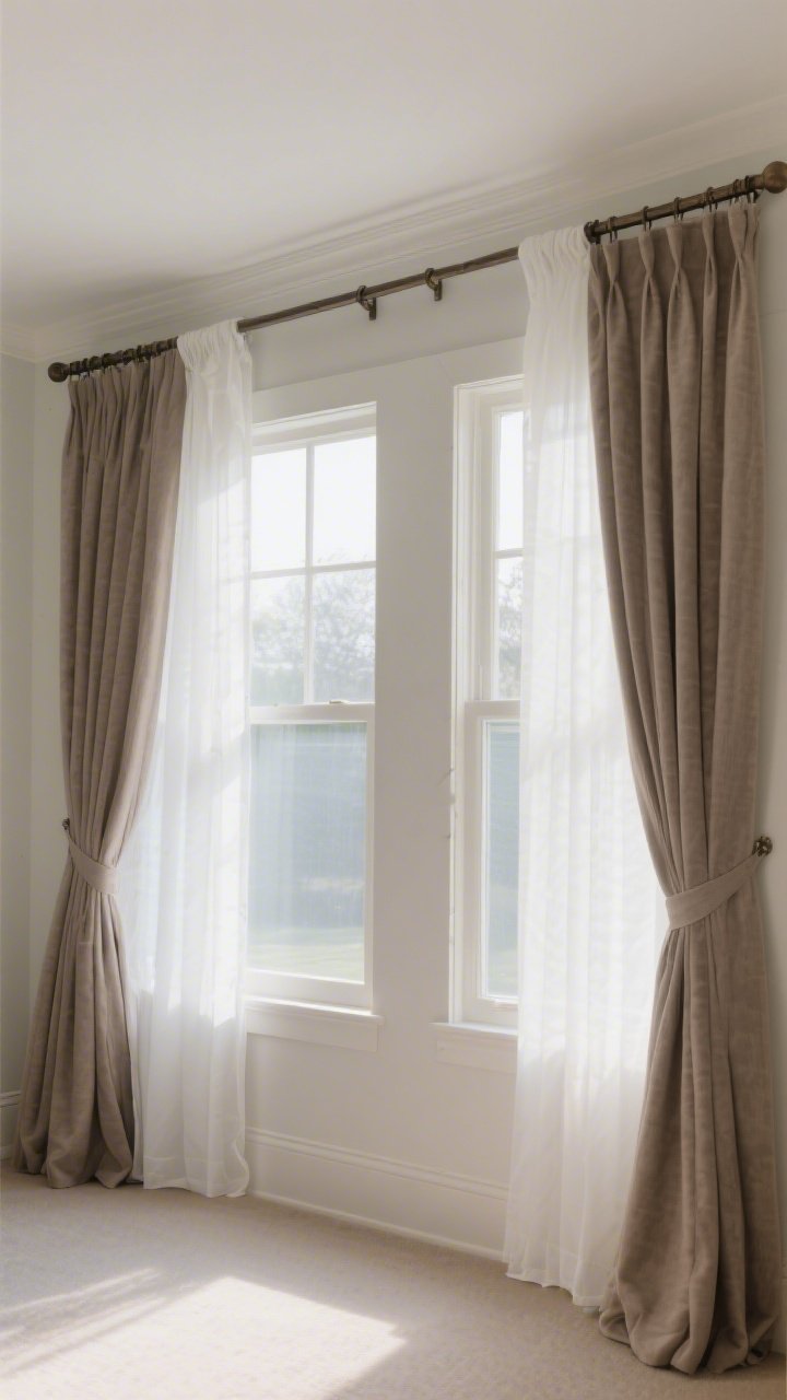 Straight-on wide shot of windows: Curtain rods mounted just below the ceiling and extended 8 inches past the window frame to make the windows look larger; layered window treatments—sheer white panels behind heavier taupe curtains; the curtains steamed smooth and hemmed to kiss the floor using an invisible no-sew hem; frosted privacy film on lower panes for light without a direct view; soft morning light, photorealistic.