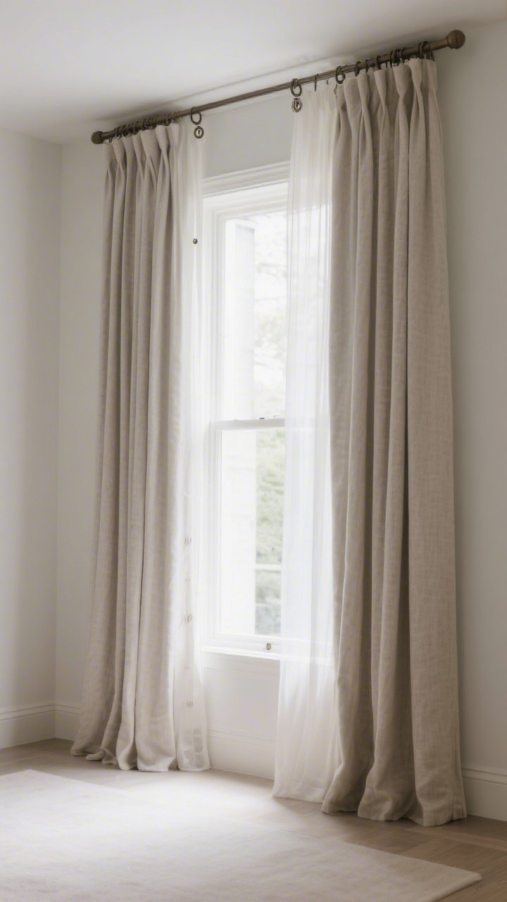 Straight-on wide shot: Tall, linen-look curtain panels hung high—rods mounted 10 inches above the window and extended 10 inches on each side; layered with sheers up front and blackout panels behind; clip rings for a soft drape; the room feels taller and sound is visibly softened; gentle daylight filtering through.