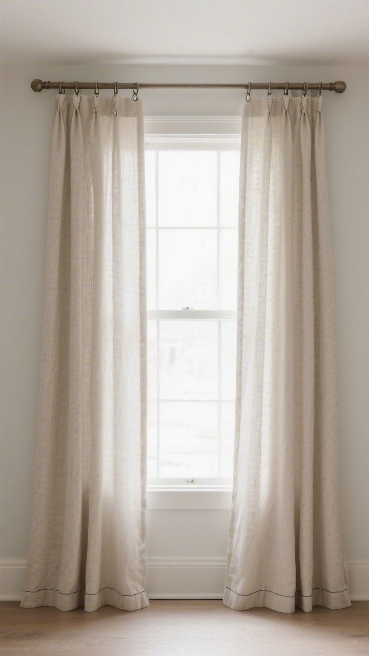 Straight-on window-focused medium shot of curtains that fake higher ceilings: rods mounted 4–6 inches above the window, extending 6–10 inches past the frame; long neutral linen panels just kissing the floor for a tailored look; subtle detail of clip rings and a clean ironed hem (imply iron-on hem tape hack); bright natural light filtering through, enhancing the taller, wider window illusion