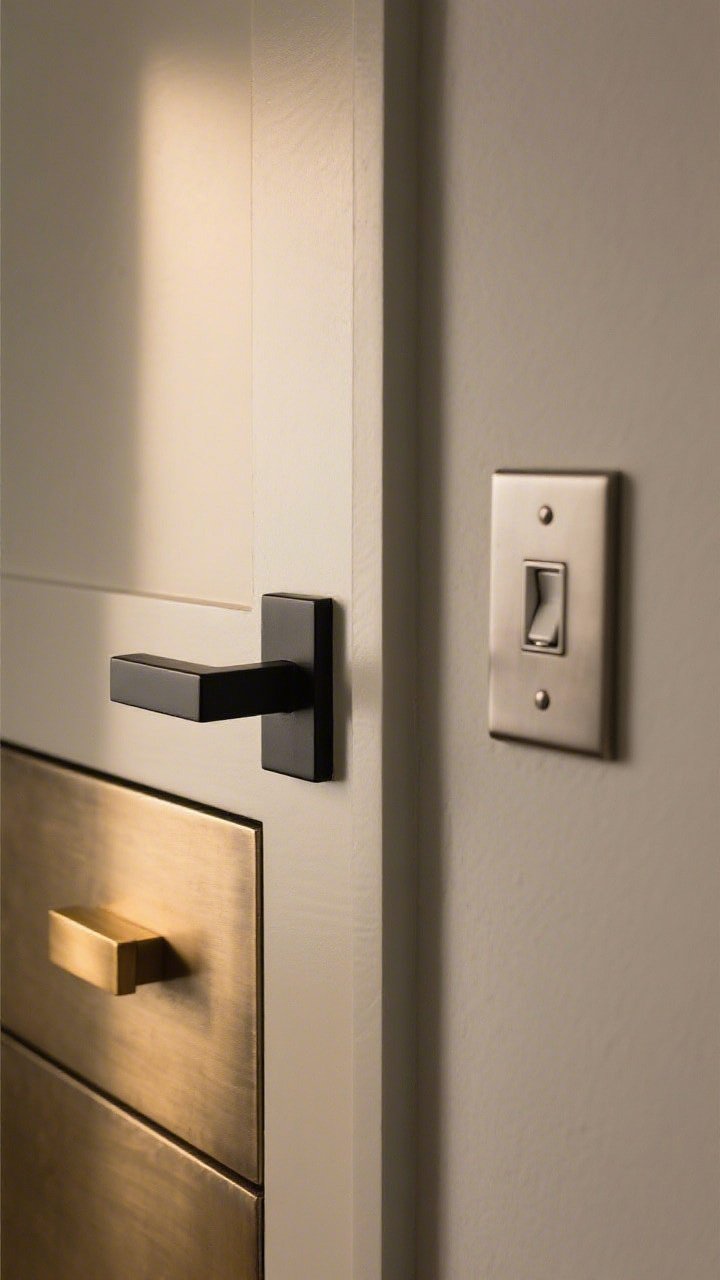 Tight closeup of coordinated hardware swaps: a cabinet drawer front with a solid brushed brass pull, a nearby matte black lever door handle in frame for contrast but consistent quality feel, and a sleek screwless metal switch plate on the wall; soft warm lighting accentuates the weighty finishes; surfaces clean and modern; subtle reflection on metal, no fingerprints.
