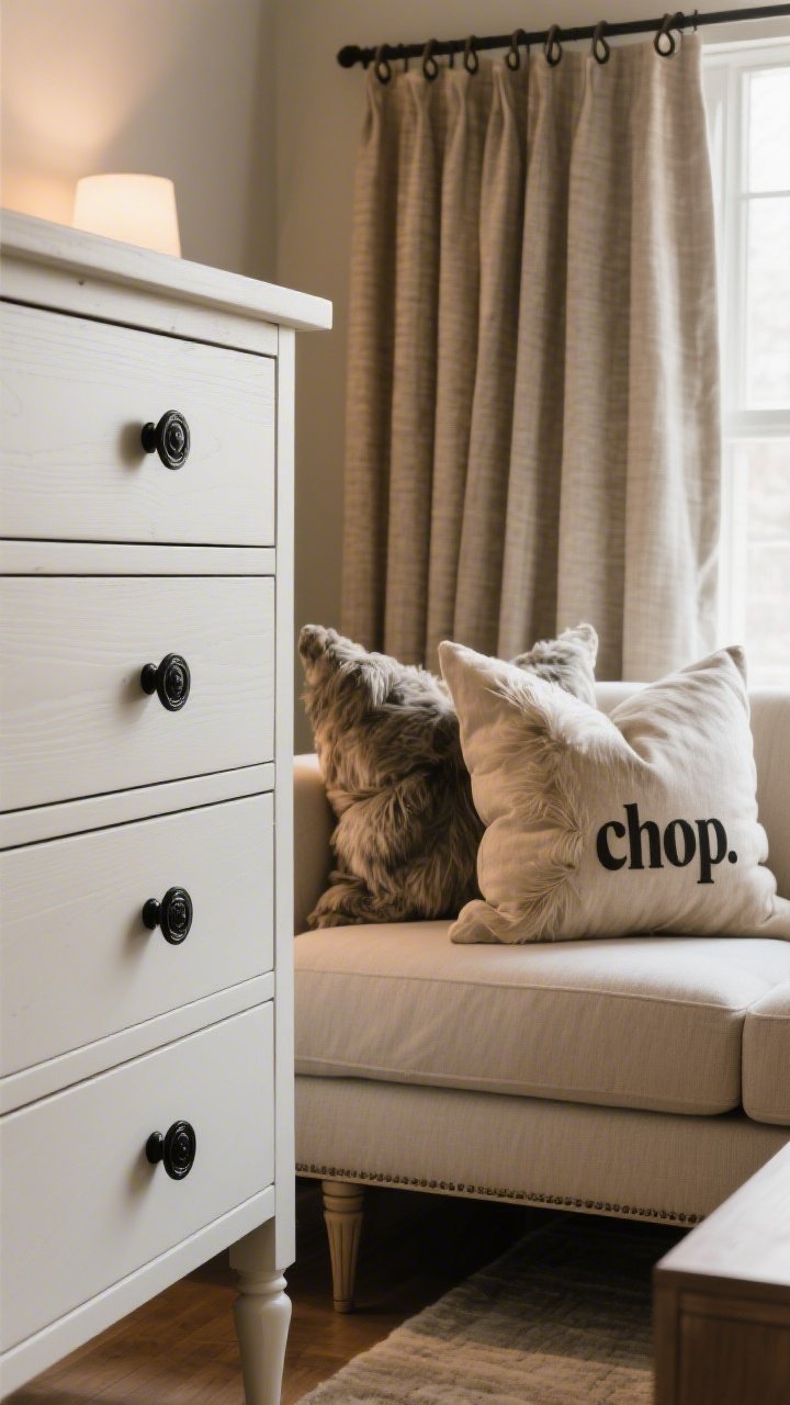 Tight detail shot: A dresser corner showcasing upgraded hardware—matte black knobs on a painted wood drawer—next to lush, fuller throw pillows on a sofa (20x20 covers with 22x22 feather inserts) showing the designer “chop.” In the background, thicker curtains hung high and wide on clip rings skim the floor; glimpse of nicer tapered furniture legs under a credenza. Warm indoor lighting, tactile fabric grain.