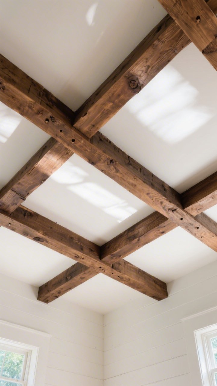 Upward-angled medium shot of a ceiling featuring faux wood beams made from stained pine boards in Early American or Special Walnut contrasting against a soft white painted ceiling; visible clean seams suggesting pocket-hole joinery; rustic yet polished farmhouse vibe with subtle shadow play from afternoon light.