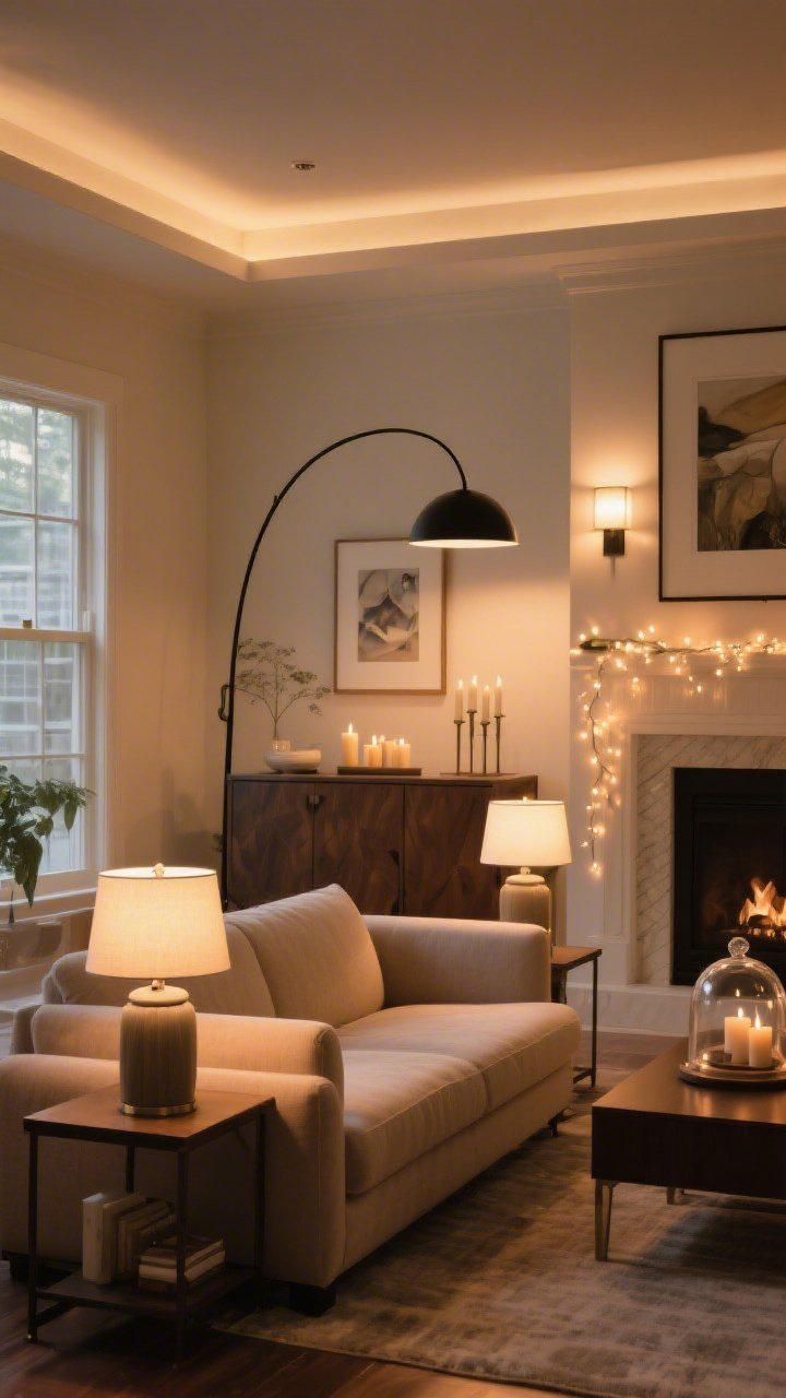Wide angle of a living room lit like a movie set: layered ambient, task, and accent lighting; two matching table lamps flanking a sofa, a black arc floor lamp adding height, warm 2700K–3000K bulbs throughout, dimmable glow; accent touches like fairy lights under a glass cloche on a sideboard, a picture light above art, and LED candles on a mantel; overall soft pools of warm light, no harsh overheads.