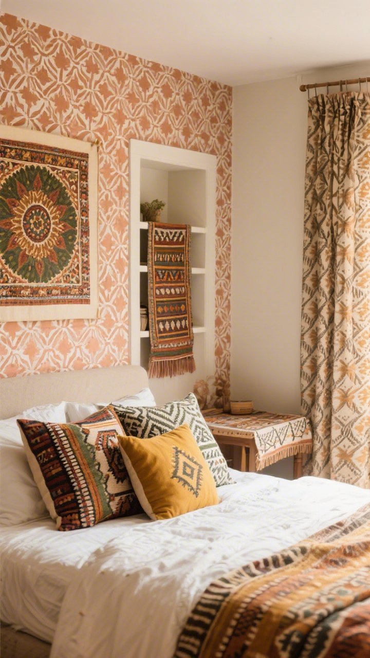 Wide bedroom corner shot highlighting global-inspired patterns on a budget: a bed dressed with throw pillows in kilim, suzani, and block-print vibes within a shared warm palette (terracotta, clay, olive, mustard, sand); a peel-and-stick patterned wallpaper on a small accent niche or inside open shelves; a repurposed table runner used as wall art and a folded patterned shower curtain as a bed scarf; balanced mix of one bold, one medium, one subtle pattern; soft morning light.