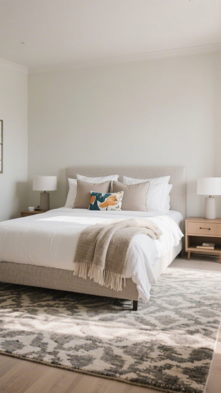 Wide bedroom shot: A coordinated refresh featuring a larger-than-before patterned rug grounding the space, a neatly made bed with crisp white sheets, a textured neutral coverlet, and an accent throw at the foot; pillows in a tight 2–3 color palette—one solid, one small print, one bold print—plumped with down-alternative inserts; matching nightstands with simple lamps; soft morning light for serene “hotel at home” vibes.