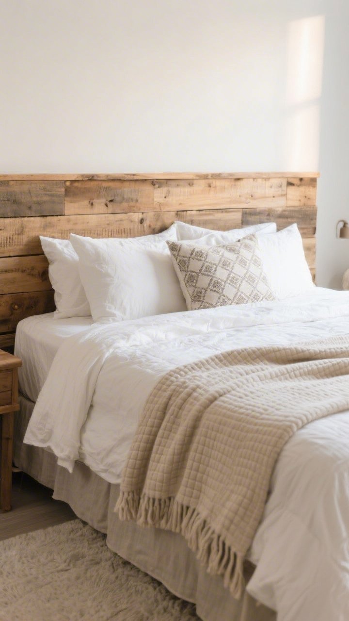 Wide bedroom shot featuring a DIY plank headboard made from 1x6 boards in a natural warm wood tone; neutral linen bedding in white and oatmeal layered with waffle and quilt textures; Euro pillows adding height; one subtle patterned throw for interest; calm morning light for boutique vibes.