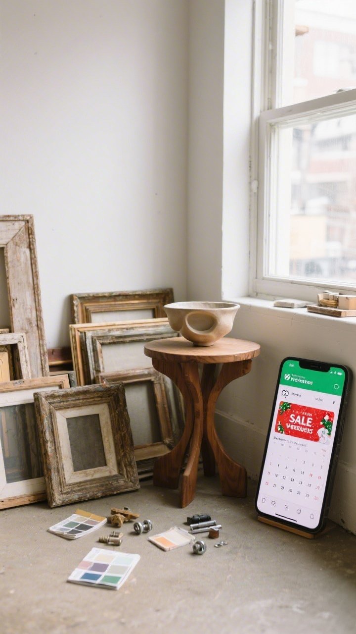Wide corner of a staging area: A haul of thrifted finds—solid wood side table with interesting silhouette, assorted vintage frames, a sculptural bowl—on a floor next to a phone screen showing Marketplace alerts and a calendar marked with holiday sale weekends. Small hardware and paint samples lie ready for updating. Natural window light, subtle workshop vibe, no people.