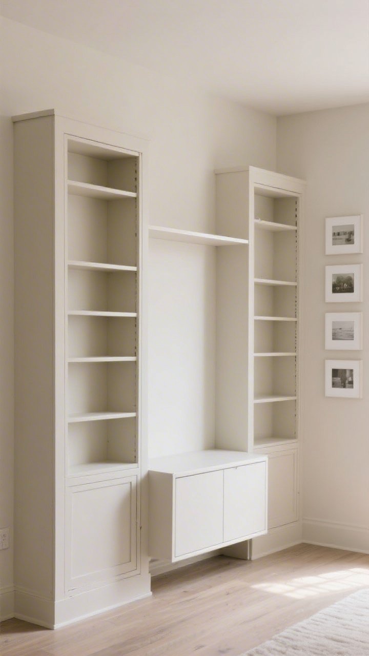 Wide corner shot of DIY “fake built-ins”: two tall flat-pack bookcases lined up wall-to-wall with a thin top board bridging them; seams caulked and the entire unit painted the same soft neutral as the wall for a unified custom look; a floating credenza mounted a few inches off the floor on the adjacent wall, painted to match; nearby staggered picture ledges layering frames with consistent white mats; daylight highlights the single-color cohesion.