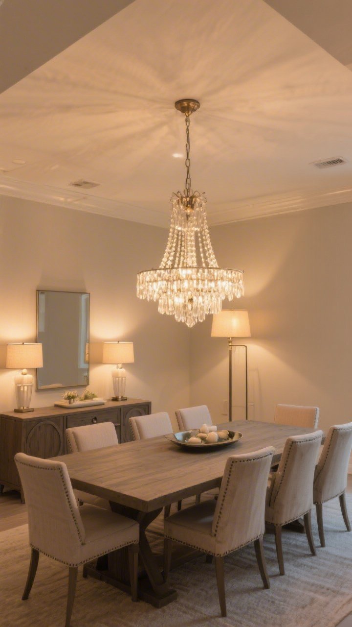 Wide dining room shot featuring a statement chandelier correctly scaled over a rectangular table; additional layers of light with table lamps on a sideboard and a slender floor lamp in the corner; warm 2700K bulbs on dimmers casting a cozy glow; neutral walls, clean crownless ceiling, dramatic focal fixture replacing a builder-grade flush mount.