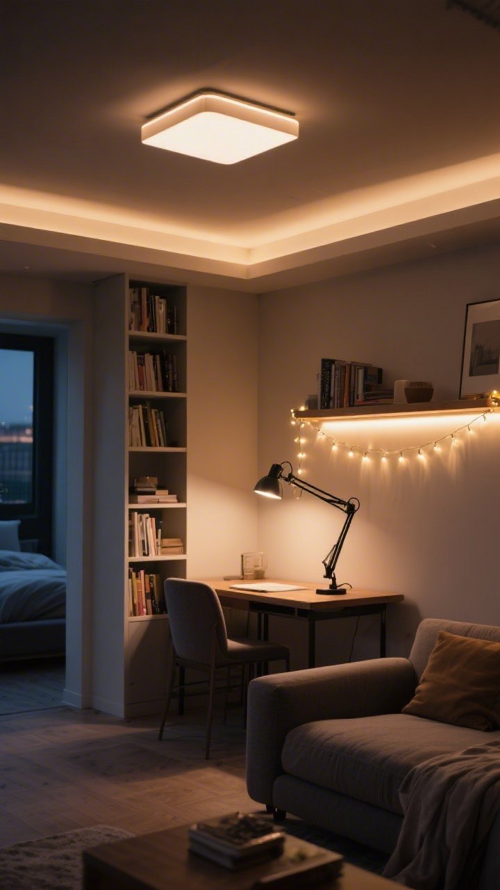 Wide evening shot of a living/bedroom area showcasing layered lighting: warm ambient ceiling light with 2700–3000K LED bulb, a clamp task lamp on the desk casting focused light, and accent lighting with fairy lights draped neatly along a bookshelf plus an LED strip glowing softly under a wall shelf; balanced exposure to show cozy glow, no harsh shadows; straight-on composition.