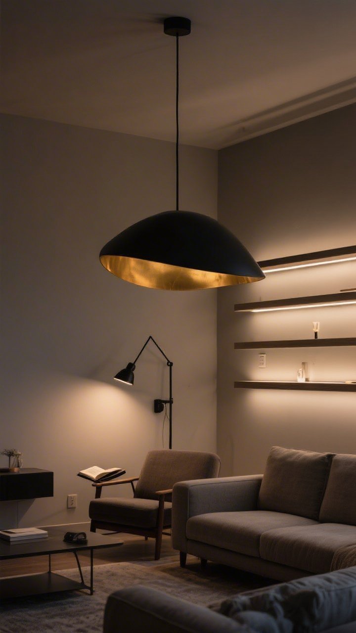 Wide evening shot of a living room layered with three types of light: sculptural black-and-brass pendant overhead (ambient), a slim black swing-arm sconce by a reading chair (task), subtle LED strip lights glowing under wall shelves (accent); all on dimmers, warm 2700–3000K bulbs, moody yet cozy atmosphere with soft highlights on a matte greige wall.