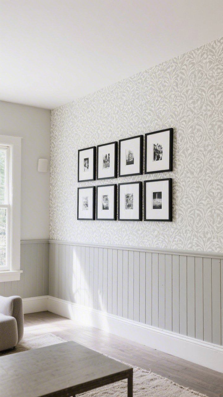 Wide feature wall shot of a statement without a contractor: a peel-and-stick wallpaper in a subtle, elegant pattern anchoring the room; an adjacent DIY board-and-batten section using thin MDF strips painted to match; a precise gallery grid of twelve identical black frames with black-and-white prints; furnishings kept simple to let the feature wall shine; balanced daylight