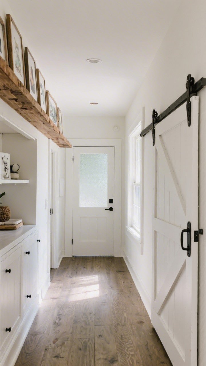 Wide hallway/living transition shot showcasing small architectural upgrades: a long wood picture ledge displaying rotating art, a pantry door with frosted glass panel, and a sliding barn door on an affordable black hardware kit; added window casing for farmhouse polish; soft daylight, clean lines, character-forward.