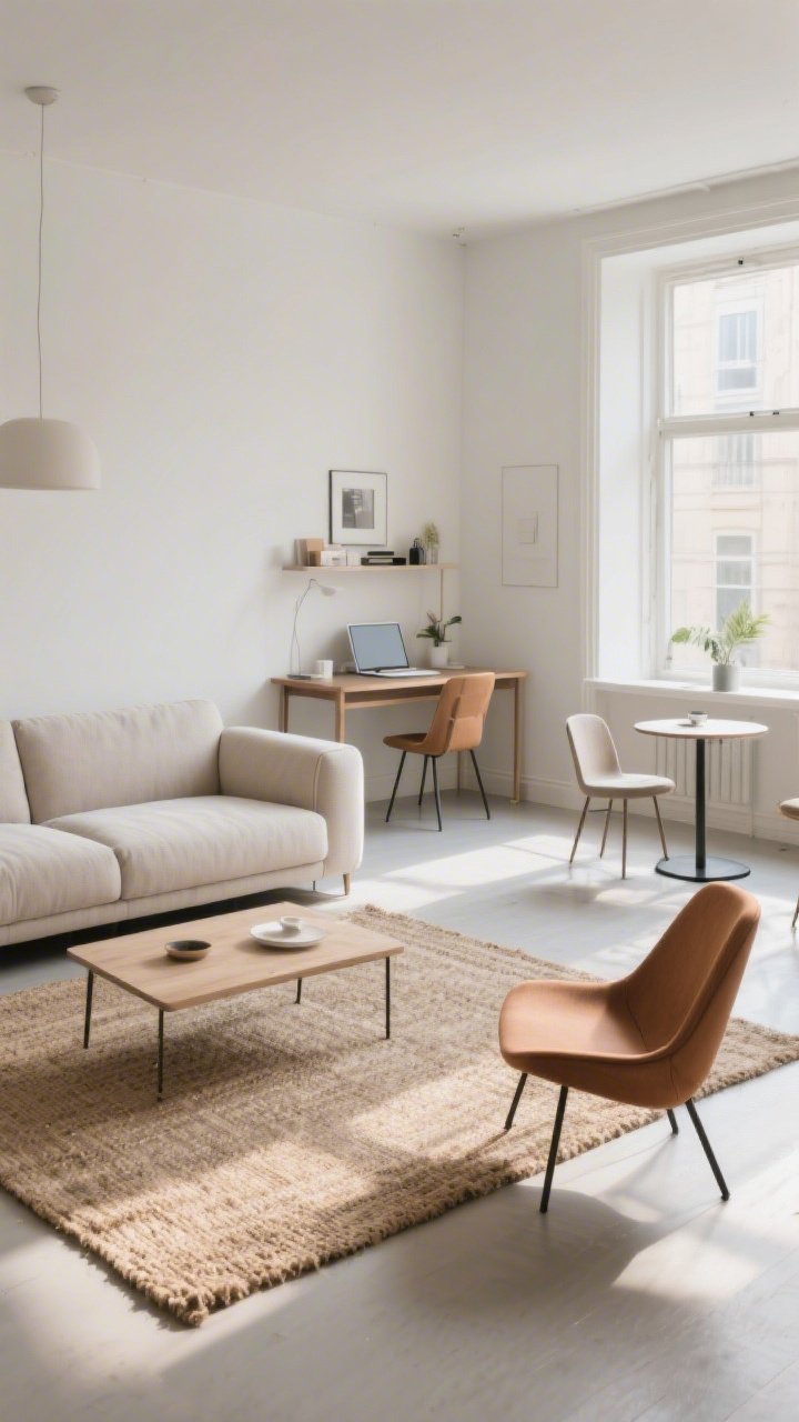 Wide living room from a corner angle: A sofa floated away from the wall and anchored on a neutral jute rug, creating clear zones—lounging with the sofa and coffee table, a small working nook with a desk and chair, and a compact dining bistro set; one accent chair angled at about 35 degrees to soften the layout; minimal clutter with a couple of removed pieces to let the room breathe; soft afternoon light, photorealistic.