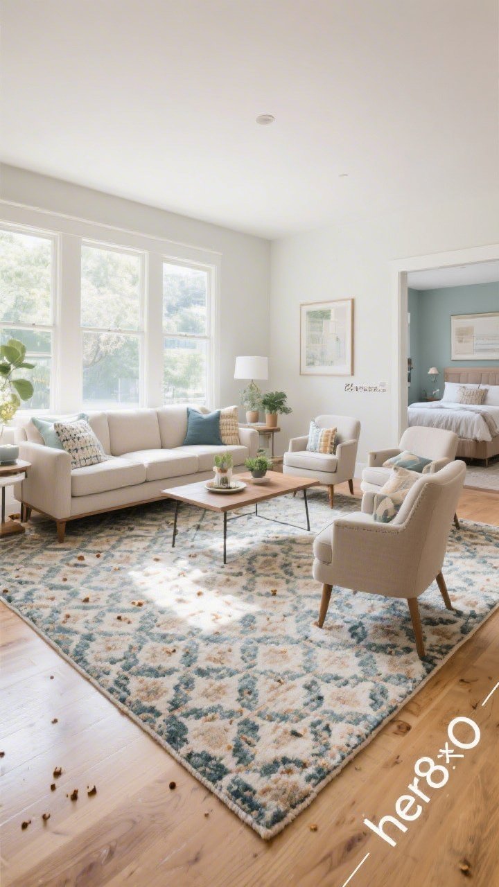 Wide living room shot anchored by a “hero” rug: a large 8x10 patterned rug pulling seating into a conversation circle with front legs on the rug; sofa, chairs, and coffee table arranged cohesively; bright, family-friendly vibe (pattern hides crumbs), balanced daylight; optional bedroom corner in frame showing rug scale guidance.