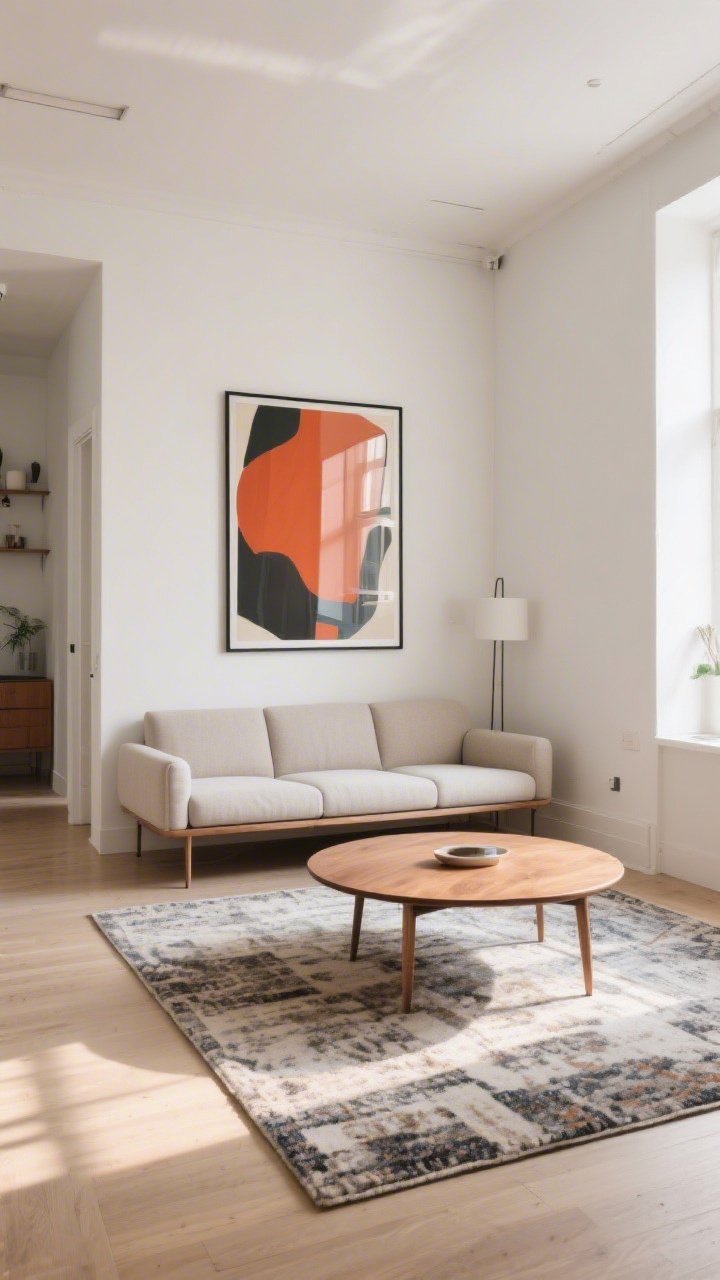 Wide living room shot in a micro space: a sofa with slim arms and a low profile floated a few inches off the wall; a round wood coffee table improving circulation; a large area rug anchoring the layout; one bold statement piece—an oversized art print—above the sofa; pathways clear for better flow; bright daylight with a slight corner angle to show depth