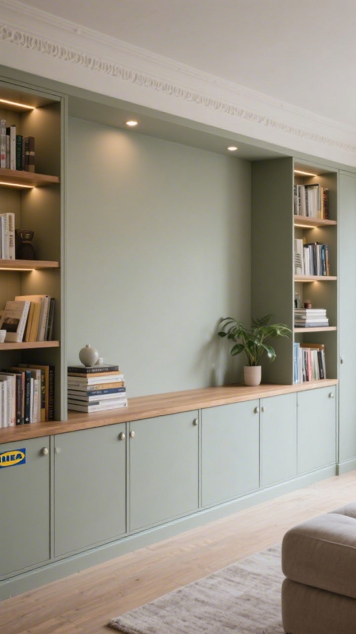 Wide living room wall with “built-in” look using flat-pack cabinets: closed-door base cabinets (IKEA-style) with a continuous wood counter, open bookcases flanking; everything unified in one paint color with crown and base trim; subtle puck lights under shelves casting a warm glow; styled sparingly with stacks of books, a plant, and a few objects.