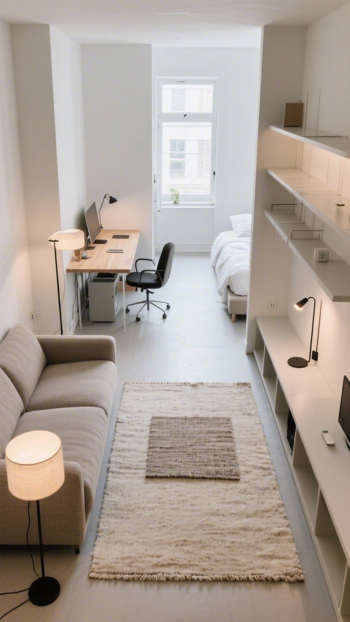 Wide overhead angle of a compact studio with clear zones: a large neutral rug defining the sofa/lounge area, a different smaller rug under a desk to mark a work zone, and a low open shelving unit acting as an airy divider between living area and bed; dedicated lighting per zone—a desk lamp at the workstation, a floor lamp by the lounge, and a slim plug-in sconce near the bed; clear walkways with no oversized pieces crowding corners; balanced daylight; no people.