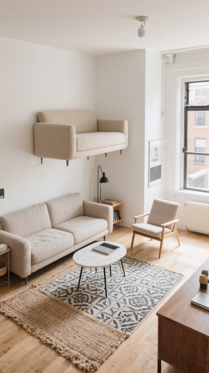 Wide, overhead angle of a studio apartment showcasing a rethought layout: sofa floated 8 inches off the wall creating breathing room, rugs zoning areas—a neutral jute under living zone and a smaller patterned rug under a bistro table work area; a lounge chair set at a slight diagonal softening the space and opening a pathway; bright daylight, tidy and airy.
