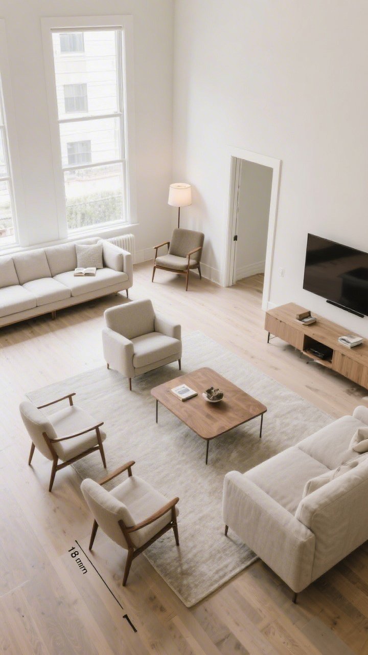 Wide overhead-angled living room scene emphasizing a reworked layout: sofa floated away from the wall, chairs angled to open a walkway, seating arranged in a conversation circle facing each other instead of the TV; distinct zones visible—main seating, a small reading nook with a chair and lamp, and a console zone; clear 18 inches between sofa and coffee table; airy, decluttered, bright natural light