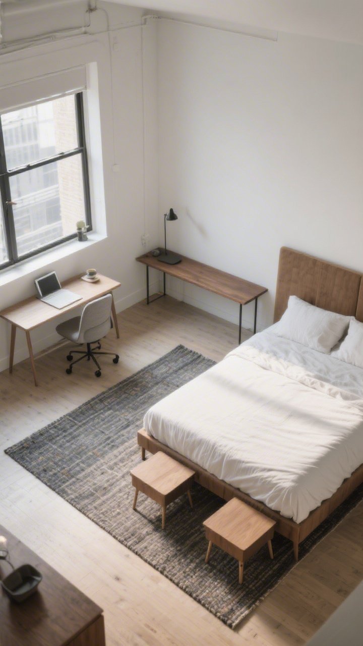 Wide overhead/corner angle of a studio-style bedroom creating zones: a medium rug anchoring the sleep area with the rug sitting under the front legs of the bed and nightstands, a separate durable flatweave rug defining a small desk workspace that won’t catch chair wheels, and a skinny console table placed behind the bed acting as a faux headboard surface; furniture slightly angled for flow; balanced daylight.