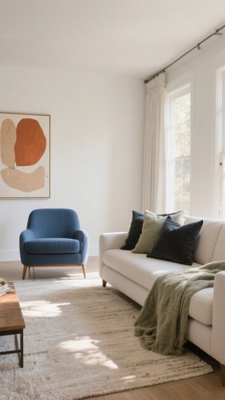 Wide room shot: A living room showcasing a cohesive color story with a warm white wall base, textiles in dusty sage and charcoal, and a single cobalt blue accent chair; soft beige area rug, charcoal throw pillows on a neutral sofa, terracotta and sand-toned abstract art, and a warm undertone palette throughout; late-afternoon natural light filtering in, highlighting layered undertones without icy grays; photorealistic, straight-on view emphasizing balanced hues and textures