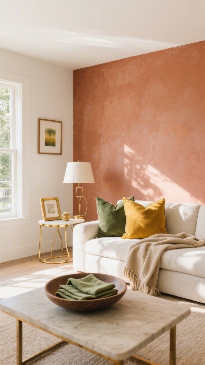 Wide room shot: a living room with one accent wall painted muted terracotta and the remaining walls creamy white; palette accents in olive and mustard via pillow covers and a throw; sand-toned textiles and warm brass metal finishes on a small table lamp and frame; include a DIY-dyed set of napkins in a shallow bowl on a coffee table; soft, sun-kissed afternoon light.
