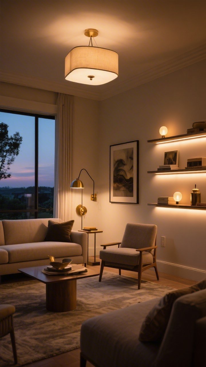 Wide room shot at dusk: A living space with layered lighting—ambient light from a dimmed overhead fixture, task lighting from a swing-arm lamp by the sofa and a brass reading sconce near a chair, and accent lighting from a picture light over artwork plus LED strips illuminating styled shelves; warm bulbs set to 2700–3000K bathing the room in a luxe glow; photorealistic, slightly elevated corner angle to display all three light layers and their pools of light
