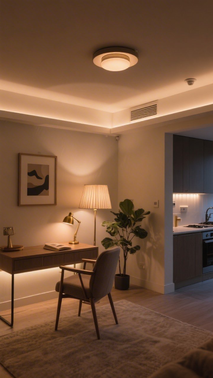 Wide room shot demonstrating three-layer lighting at dusk: warm ambient glow (2700K LEDs) from a stylish flush-mount ceiling fixture on a dimmer, focused task lighting from a brass desk lamp by a reading chair and under-cabinet LED strips in view of a kitchenette pass-through, and accent lighting via a picture light above framed art plus a small uplight behind a leafy plant casting gentle shadows; linen pleated lampshades soften light, making budget furniture feel elevated
