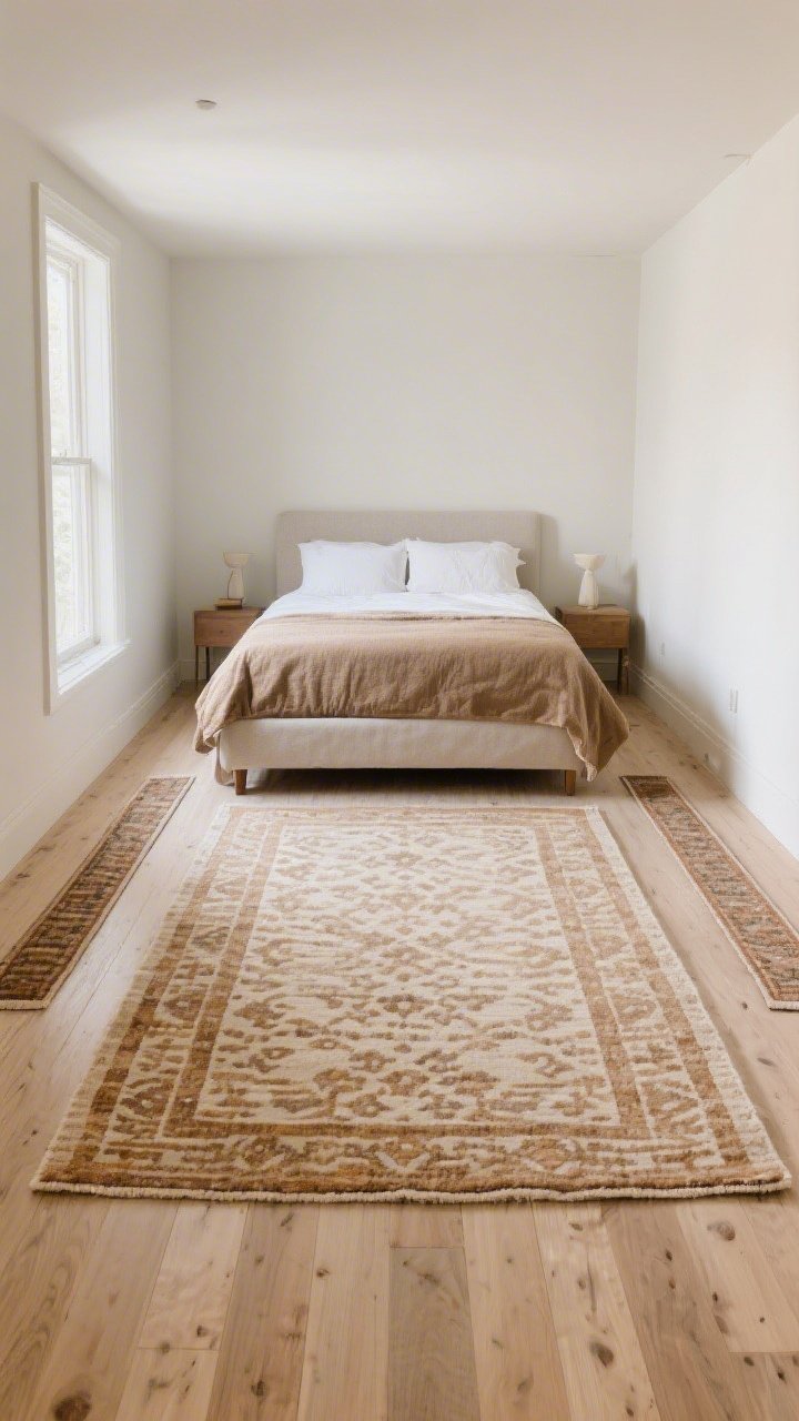 Wide room shot emphasizing rug strategy: a queen bed grounded by an oversized 8x10 low-pile flatweave rug with subtle vintage-style pattern in warm neutrals; in an alternate narrow area beside the bed, twin runners are shown aligning each side; light wood floors, minimal tripping hazards, the larger rug visually unifies the small space, soft natural light.