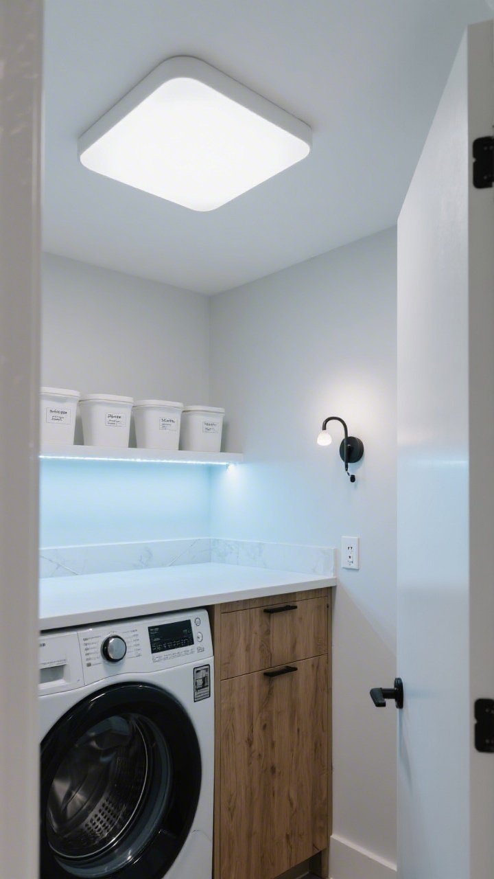 Wide room shot showcasing layered lighting in a small laundry: a modern flush-mount LED overhead fixture (3000–4000K crisp white), under-shelf LED strip casting light onto labeled containers, and a tiny plug-in sconce as a charming accent; light palette of soft whites, pale grays, and gentle blues, contrasted with matte black hardware and touches of warm wood; straight-on view capturing how the lighting brightens the compact space without glare