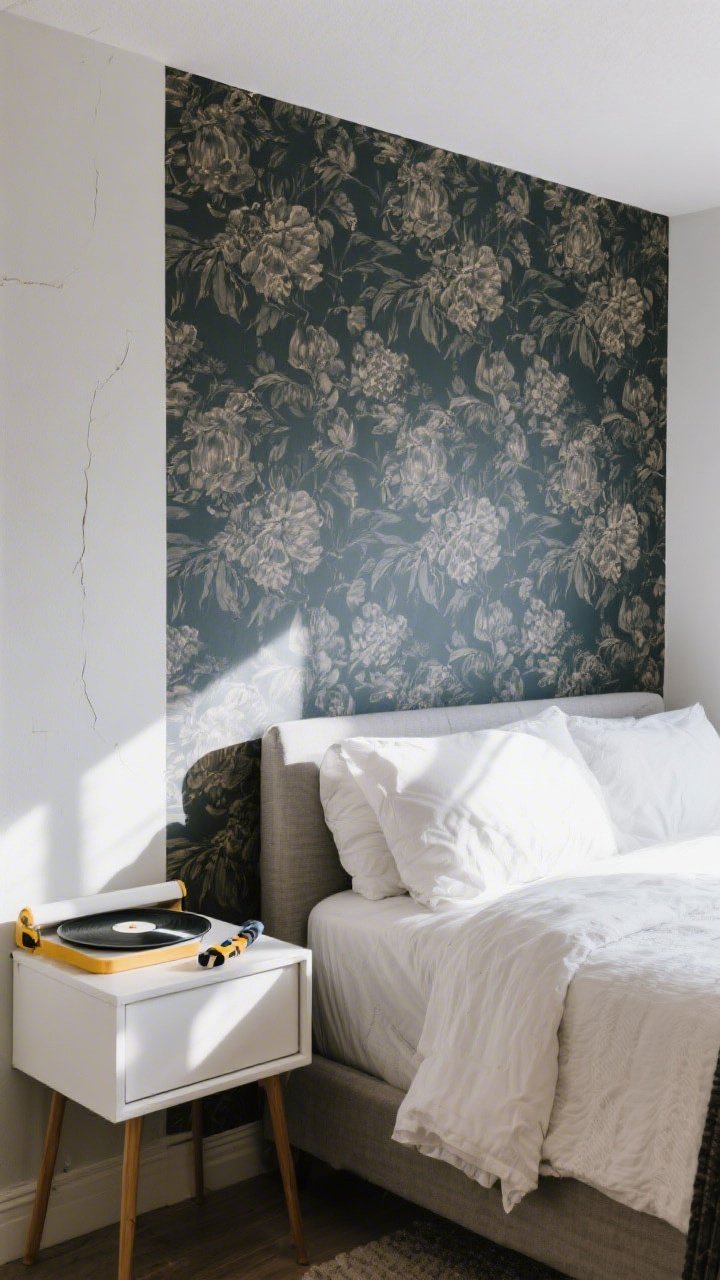 Wide shot: A bedroom accent wall covered in bold matte peel-and-stick wallpaper with a moody floral pattern, centered behind a queen bed; a vinyl smoother and utility knife sit on the nearby nightstand, showcasing crisp trimmed edges; soft afternoon natural light, single accent wall only, renter-friendly vibe, subtle wall imperfections hidden by the matte finish.