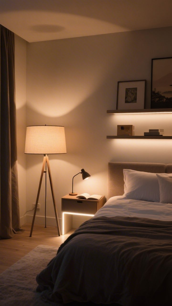 Wide shot: A bedroom illuminated with a 3-layer lighting mix; a large floor lamp casting ambient warm light (2700–3000K), a task lamp on the bedside table for reading, and subtle LED strip accent lighting under floating shelves highlighting art; dim, cozy evening mood with warm white bulbs, no harsh daylight tones; soft shadows smoothing visual clutter.