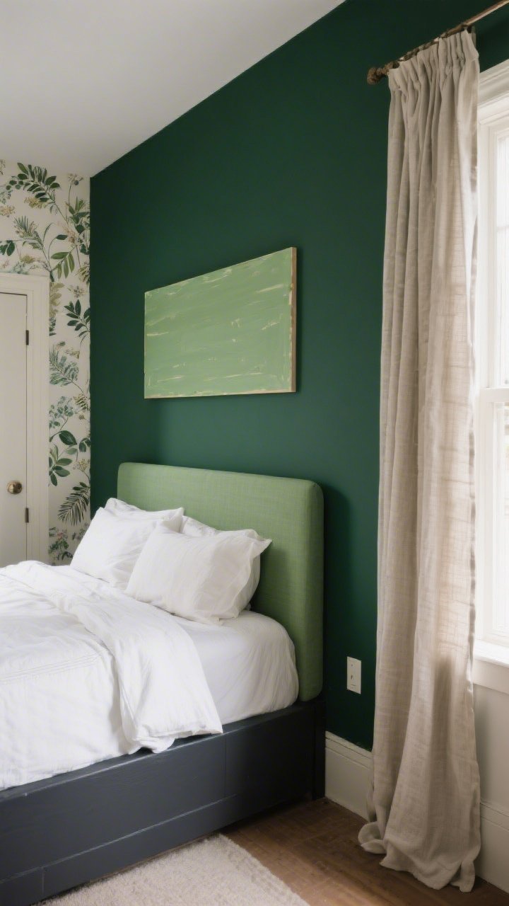 Wide shot: A bedroom with a bold deep green accent wall behind the bed, featuring a DIY painted “headboard” rectangle in a slightly lighter moss tone taped neatly behind crisp white bedding; color-dipped trim in matte charcoal on baseboards and door frame contrasts with soft neutral walls; optional peel-and-stick botanical wallpaper on a small adjacent wall; a large linen curtain panel hung across one side adds soft texture; natural daylight from the left, photorealistic, no people.