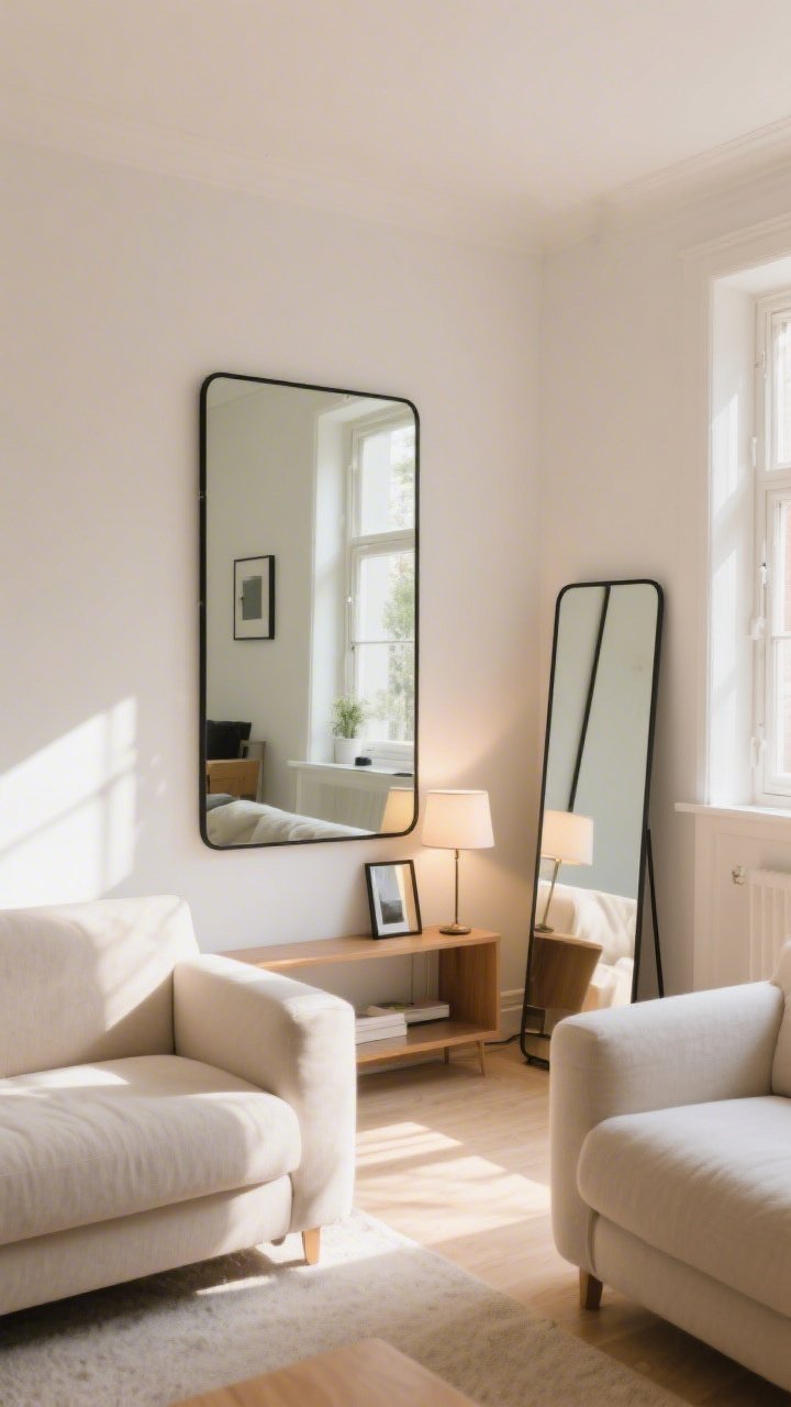 Wide shot: A bright small living room featuring a large thin-black-framed mirror mounted opposite a window to bounce natural light, a smaller mirror behind a lamp to double the glow, and a leaning floor mirror adding height and drama; clean, uncluttered view—no messy zones reflected; warm neutral palette; morning sunlight enhancing the optical illusion of more space.