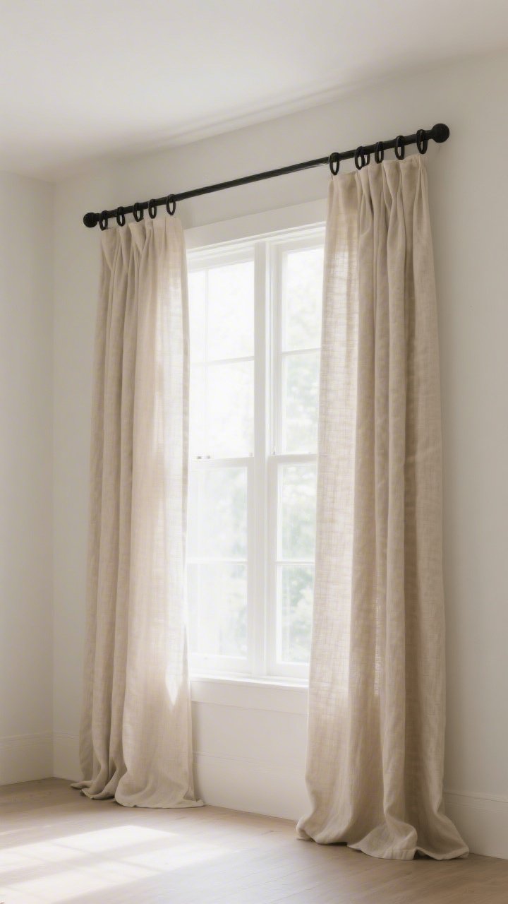 Wide shot: A bright window wall with linen-look curtain panels in a natural flax tone hung high and wide—rod mounted 6 inches above the frame and extended 8 inches past each side—panels clipped with black curtain rings, pooling slightly on the floor; neutral walls, clean straight-on view, soft morning light.
