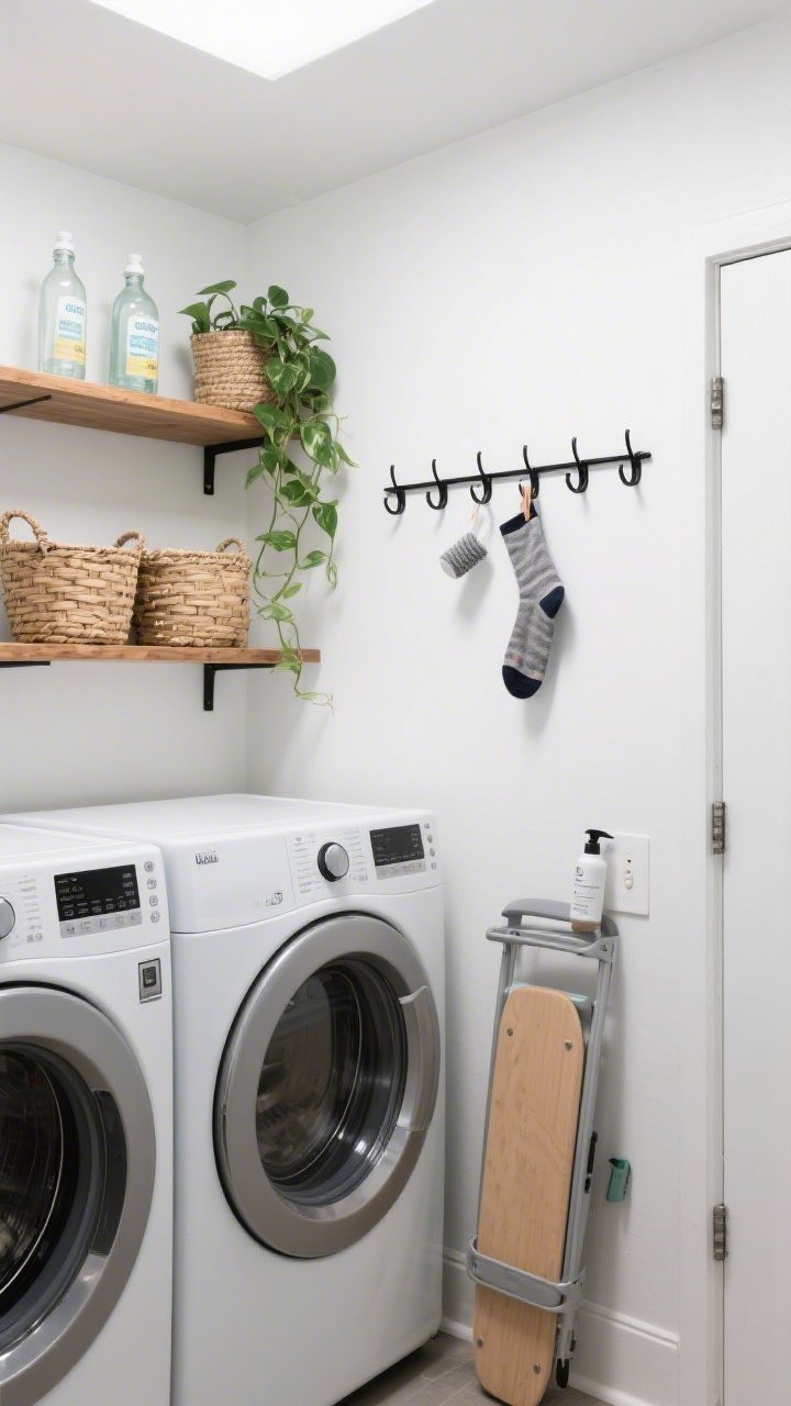 Wide shot: A compact laundry room shot from a corner angle, showcasing vertical storage solutions—front-loading washer and dryer stacked on the left, with two tiers of floating wood shelves above holding glass detergent bottles, woven baskets, and a trailing pothos plant. A painted peg rail with matte black hooks runs along the right wall holding hang-dry shirts, a lint roller, and a single mismatched sock clipped beside its mate. An over-the-door rack holds a folded ironing board and spray bottles. Clean white walls with visible wall anchors under shelf brackets, natural daylight, crisp and functional mood.