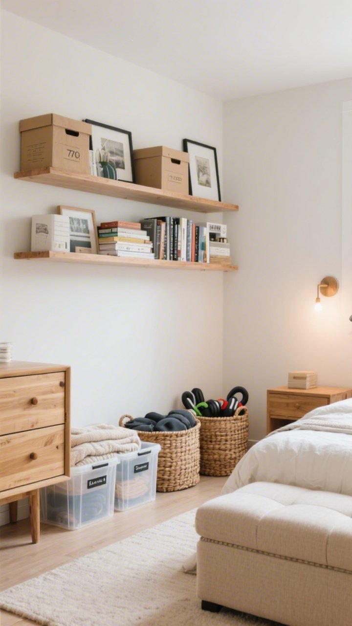 Wide shot: A cozy bedroom corner with cute, functional storage; under-bed clear, lidded, labeled bins partially visible; a pair of woven baskets beside a natural wood dresser, one with folded blankets, another with gym gear; an upholstered storage ottoman at the foot of the bed; floating shelves above holding 70% functional items (books, labeled boxes, frames) and 30% decor; warm white lighting, neutral walls, organized and visually tidy.